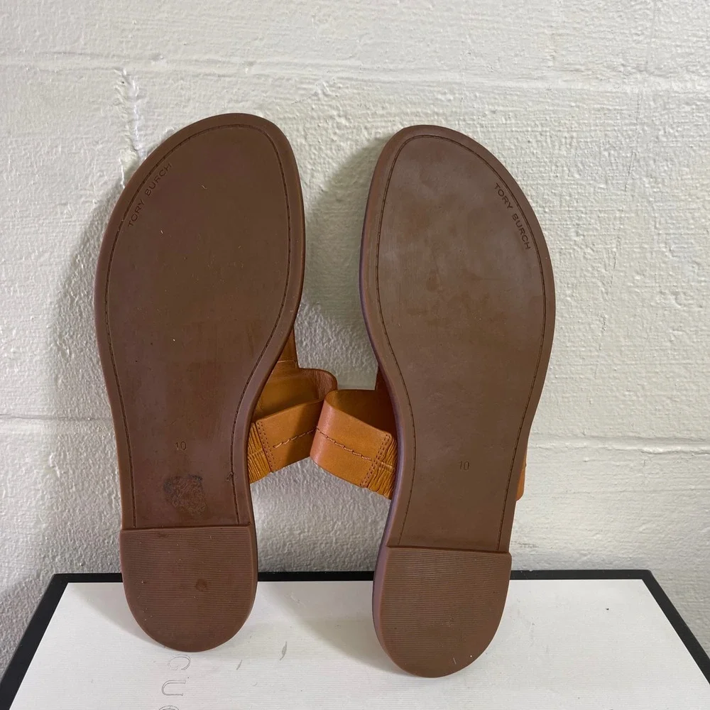 Tory Burch Mini Everly Flat Sandals Brown Leather Slip On Women's Size 10 US